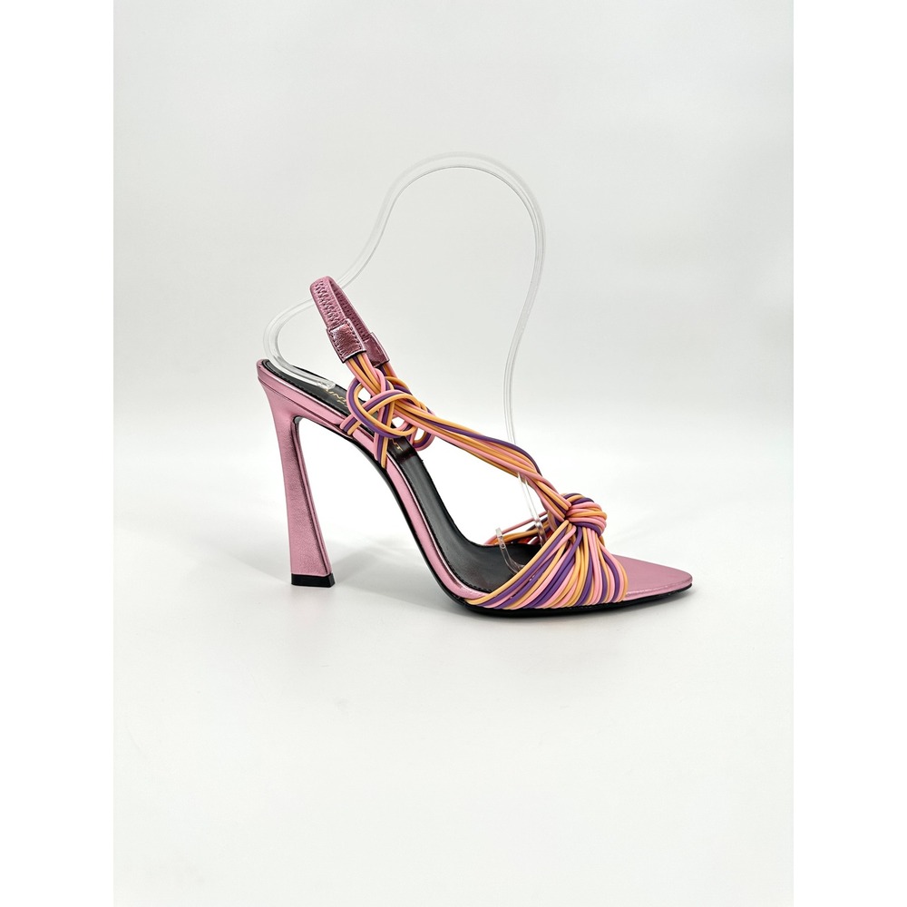 Saint Laurent Pool 105 Scoubi Strappy Sandals Pink Purple‎ Knotted Heel 37.5 NIB